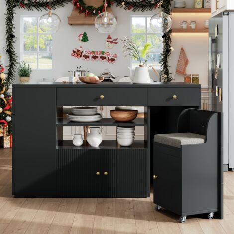 Elément bas de cuisine-îlot multifonction-buffet avec rangements-6 tiroirs-2 tabourets de bar inclus-largeur réglable 140x70x90,5cm