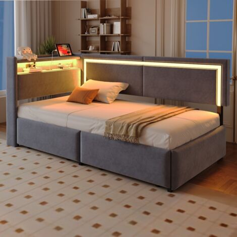 Lit canapé-capitonné LED USB-tête ouvrante rangement-velours gris foncé-218x99x87cm-Sans Matelas (1/5)