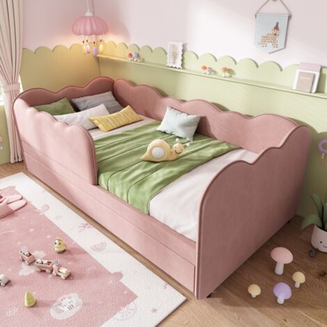 Lit canapé-rembourré-gigogne 90x190cm-sommier à lattes-velours rose-sans matelas-197x99x70cm (1/5)