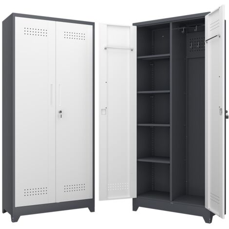 Armoire de rangement métallique grise 60x40x165cm, portes verrouillables, étagères, tringle et crochets S pour outils de nettoyage - gris + blanc