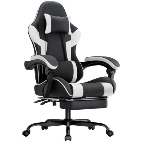 Fauteuil de jeu & bureau ergonomique, cuir PU respirant, soutien lombaire, assise et dossier réglables, charge 200kg, noir blanc, dimensions 52x63x121-131cm (1/5)