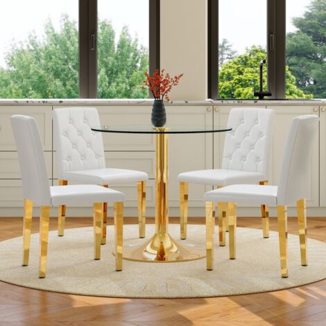 Ensemble table ronde verre 85x80x76 cm métal doré + 4 chaises salle à manger blanches doré design moderne minimaliste (1/5)
