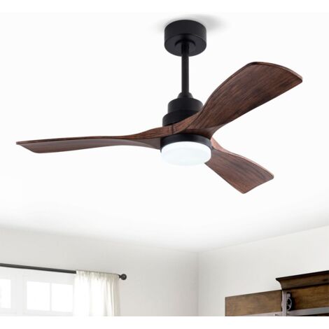 Ventilateur de plafond 107x107x34cm 3 pales noyer, éclairage intégré, télécommande, moteur CC silencieux réversible - Noir + Noyer Foncé (1/5)