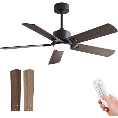 Ventilateur plafond 107x107x45,7 cm noir, éclairage LED, télécommande, pales double finition, moteur silencieux style campagnard, noyer foncé (1/5)