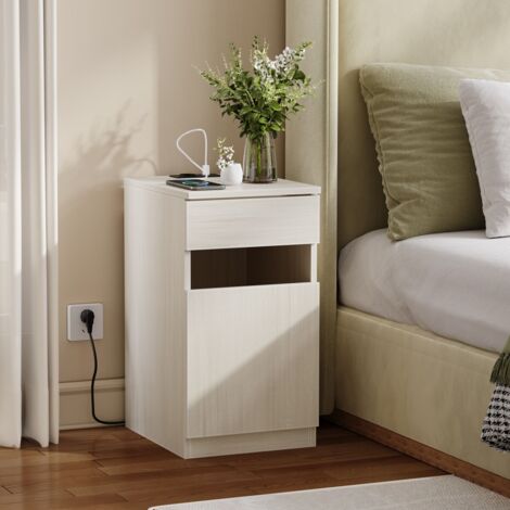 Table de chevet USB prises électriques, aspect bois clair, poubelle intégrée 30x40x61,5 cm - blanc (1/5)