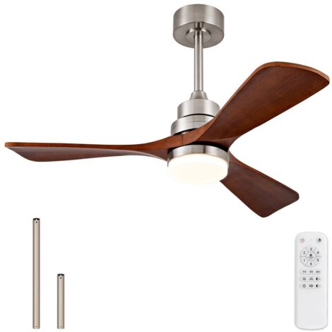 Ventilateur de plafond 3 pales en bois avec lumière et télécommande, finition nickel soyeux, usage intérieur extérieur salon terrasse 107x107x53.3cm