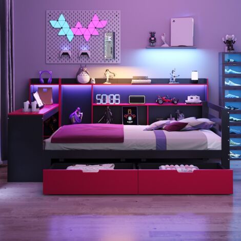 Lit canapé-bureau éclairé-étagères intégrées-prises-tiroirs-noir+rouge-bois-245,5x114,5x100cm-Sans Matelas (1/5)