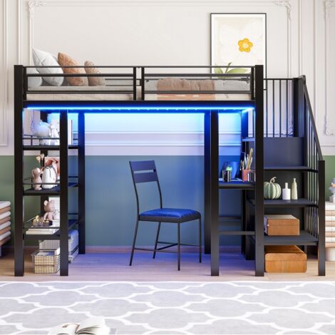 Lit Mezzanine-LED intégrée-prise-compartiment rangement-étagère-fer forgé-noir-252x96x113cm-Sans Matelas (1/5)