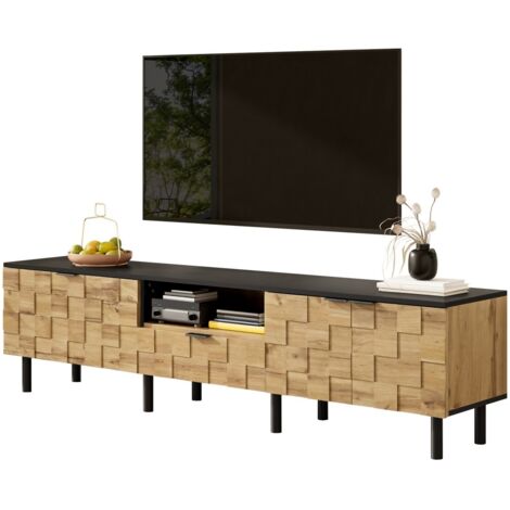 Meuble TV mosaïque bas 170x35x44,5 cm, 2 portes avec tiroir, compartiment ouvert, pieds métal aspect bois pour salon - Naturel et noir (1/5)