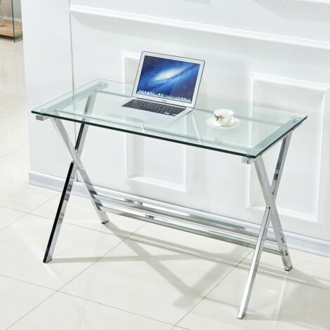 Bureau en verre trempé transparent bords arrondis, table pour ordinateur portable 110x55x76cm