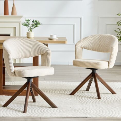 2 Chaises pivotantes velours côtelé blanc crème rotation 360° pieds bois massif couleur noyer salon salle à manger 47x47.5x81.5cm (1/5)