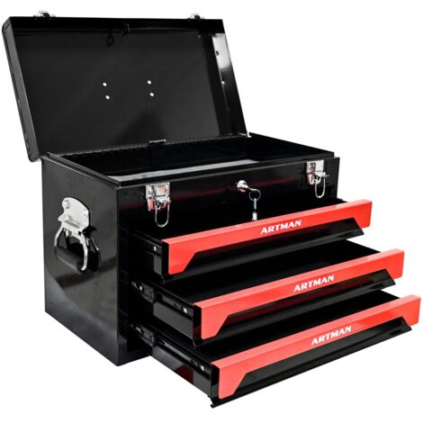 Boîte casier de rangement pour outils portable trois niveaux en acier 50x27x35 cm avec verrous métalliques noir rouge (1/5)