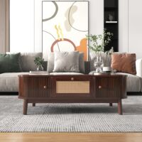 Table basse rotin & bois massif - tiroirs rotin + portes coulissantes - style campagnard naturel