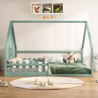 Lit Enfant 140x200 cm Vert - Lit Plat Sécurisé avec Barrière de Protection - Structure Renforcée - Literie Junior (sans Matelas)