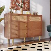 Buffet et enfilade commode 6 tiroirs en rotin pour chambre et salon, couleur noyer, dimensions H90 L120 D40 cm, rangement fonctionnel et design
