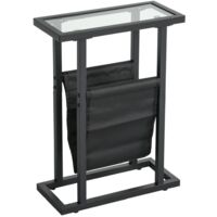 Bout de canapé Bout de Canapé avec Plateau en Verre - Compartiment de Rangement en Tissu, Cadre Métal Noir