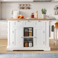 Desserte de cuisine mobile 132 cm - Plan pliable - ArmoireDesserte cuisine 132cm - Plan pliable, armoire avec tiroir, étagère à épices et prise intégrée multifonction - Tiroir - Étagère à épices - Pri