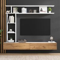 Ensembles de salon - Mural TV 180 cm avec vitrines - Meuble TV, étagère sur pied et murale - Blanc