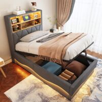 Lit enfant 90x200cm avec rangement hydraulique, bande LED APP, USB, sommier métal, revêtement lin gris (sans Matelas)