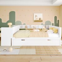 Lit canapé-plat-bois-avec bureau-lit gigogne-sans matelas-étagères-panneau pin-blanc-242x164x73cm-Sans Matelas