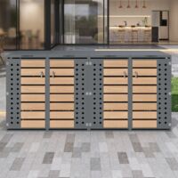 Cache-poubelle extérieur rangement bois verrouillable quatre portes couvercle charnière losange 132x80x118,5cm ranger poubelles - Gris, Bois