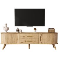 Meuble TV 160x36,5x55cm style scandinave forme pois rainures verticales 2 portes coulissantes 2 tiroirs - Naturel