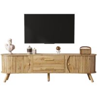 Meuble TV 160x36,5x55cm style scandinave forme pois rainures verticales 2 portes coulissantes 2 tiroirs - Naturel