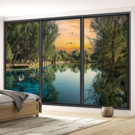 Papier peint panoramique Trompe l'oeil baie vitrée - Lac et forêt - 130 cm x 78 cm (1/5)