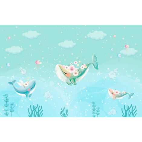 Papier peint panoramique Enfants - Baleines Fleurs - 392 cm x 255 cm (1/2)