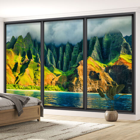 Papier peint panoramique Trompe l'oeil baie vitrée - Mer et montagnes - 325 cm x 195 cm (1/5)