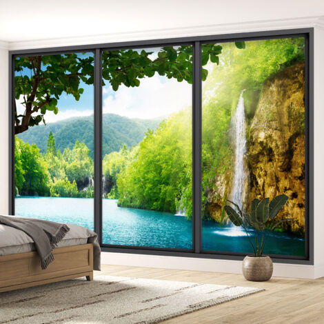 Papier peint panoramique trompe l'oeil baie vitrée – Cascade – 195 cm x 117 cm – Papier peint intissé, mat et lisse – Résistant à la déchirure