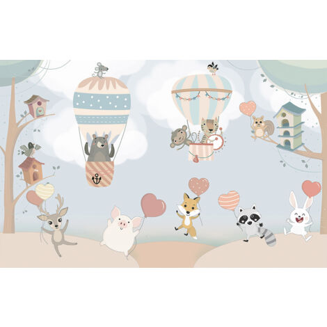 Papier peint panoramique Enfants - Montgolfières Animaux - 130 cm x 83 cm (1/2)