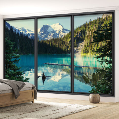 Papier peint panoramique Trompe l'oeil baie vitrée - Lac et montagne - 130 cm x 78 cm (1/5)