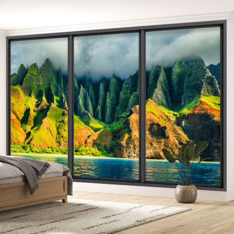 Papier peint panoramique Trompe l'oeil baie vitrée - Montagnes - 130 cm x 78 cm (1/5)