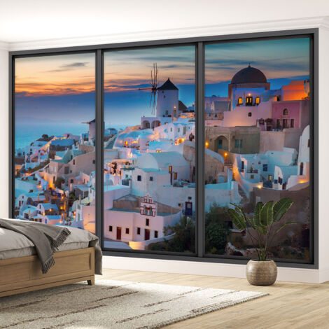 Papier peint panoramique Trompe l'oeil baie vitrée - Santorin - 130 cm x 78 cm (1/5)