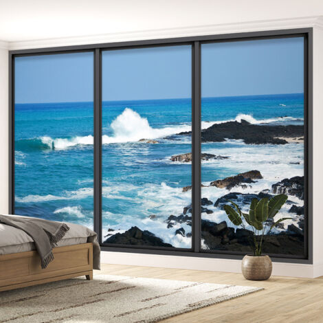 Papier peint panoramique Trompe l'oeil baie vitrée - Vue mer - 130 cm x 78 cm (1/5)