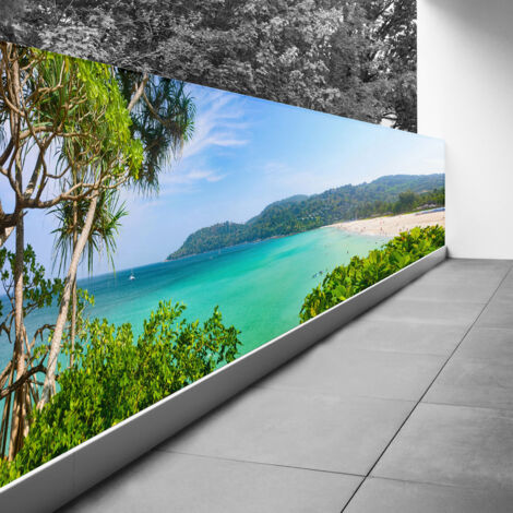 Brise vue Trompe l'oeil - 80x240 cm - Vue sur la plage - Recto Imprimé / Verso BlancBâche Micro Perforée - 80% d'occultation (1/3)
