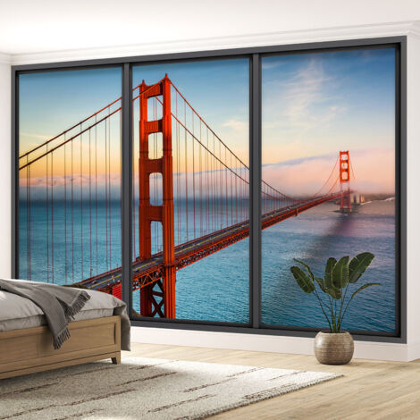 Papier peint panoramique Trompe l'oeil baie vitrée - Golden gate - 130 cm x 78 cm (1/5)