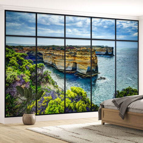 Papier peint panoramique Trompe l'oeil Verrière - Vue mer falaises - 130 cm x 82 cm (1/5)
