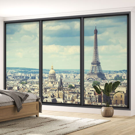 Papier peint panoramique Trompe l'oeil baie vitrée - Paris tour eiffel - 130 cm x 78 cm (1/5)