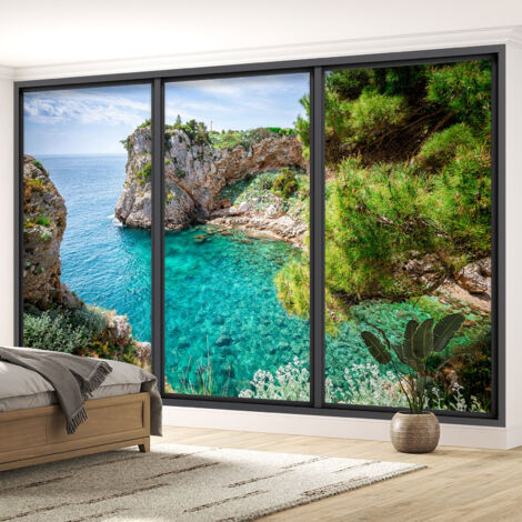 Papier peint panoramique Trompe l'oeil baie vitrée - Vue mer - 130 cm x 78 cm (1/5)