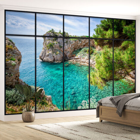 Papier peint panoramique Trompe l'oeil Verrière - Vue mer - 395 cm x 250 cm (1/5)