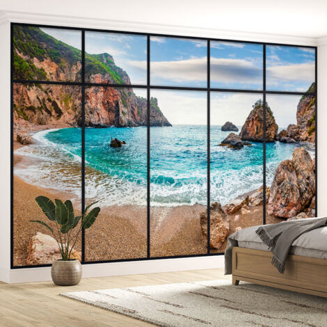 Papier peint panoramique Trompe l'oeil verrière – Plage – 130 cm x 82 cm – Papier peint intissé mat et lisse – Impressions non nocives