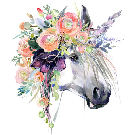 Papier peint panoramique Enfants - Licorne Fleurs - 254 cm x 320 cm (1/2)