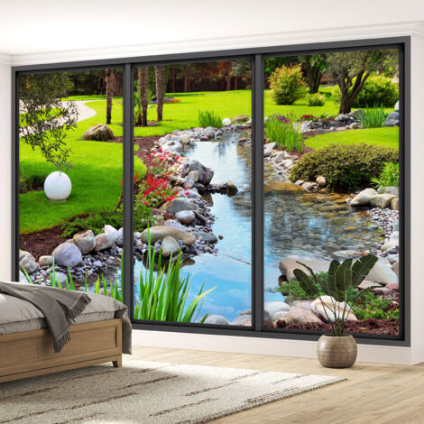 Papier peint panoramique Trompe l'oeil baie vitrée - Jardin rivière - 260 cm x 156 cm (1/5)