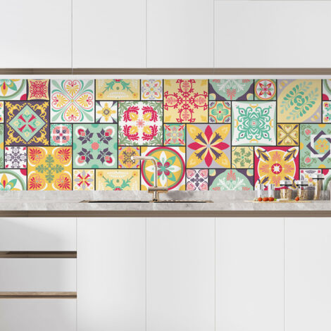 Crédence adhésive cuisine - Effet carreaux de ciment - 80x240 cm - Adhésif + Protection MATE (1/5)