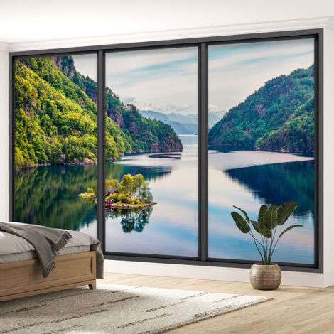 Papier peint panoramique Trompe l'oeil baie vitrée - Lac et forêt - 130 cm x 78 cm (1/5)