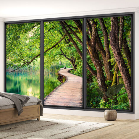 Papier peint panoramique Trompe l'oeil baie vitrée - Ponton forêt - 130 cm x 78 cm (1/5)