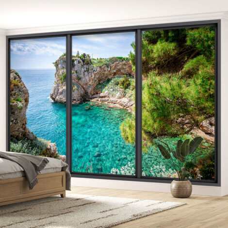 Papier peint panoramique Trompe l'oeil baie vitrée - Vue mer - 195 cm x 117 cm (1/5)