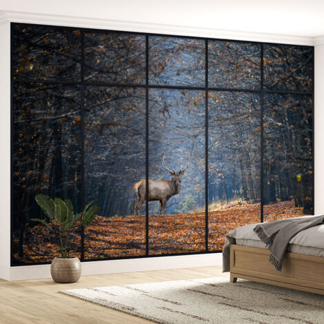 Papier peint panoramique Trompe l'oeil Verrière - Cerf chemin en forêt - 152 - 130 cm x 82 cm (1/5)